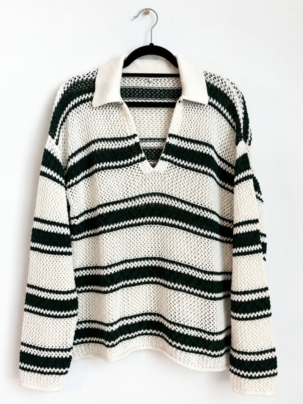 MADEWELL Green Ivory Striped Open Knit Polo Sweater L Never Been Worn!